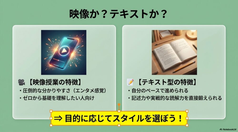 スマホで動画を見る映像型と、机で紙の問題集を解くテキスト型のメリットを左右で対比・比較している図解