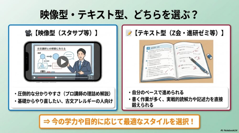 スマホで動画を見る「映像型」と、机で問題集を解く「テキスト型」のメリットを左右で分かりやすく対比した図解
