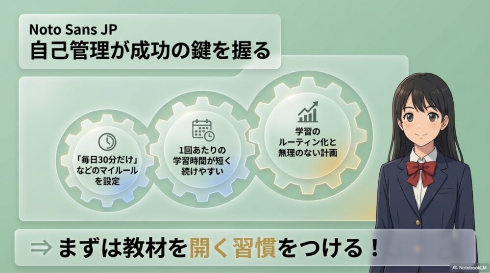 時計と学習計画表、カレンダーの図解