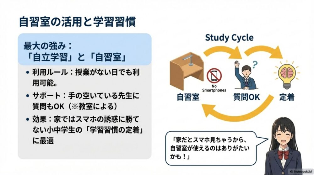 明光義塾の強みである自立学習と自習室の活用メリットをまとめたスライド。自習室利用、質問OK、学習の定着というスタディサイクルが図示されており、家ではスマホの誘惑に勝てない生徒に最適であると解説している。