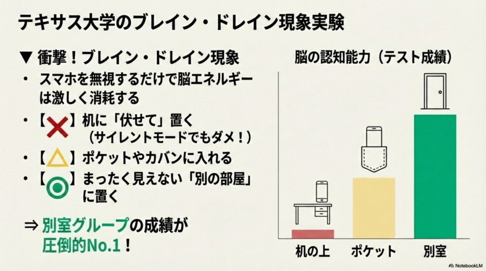 スマホの置き場所（机の上、ポケット、別室）による集中力の違いを示すグラフ

