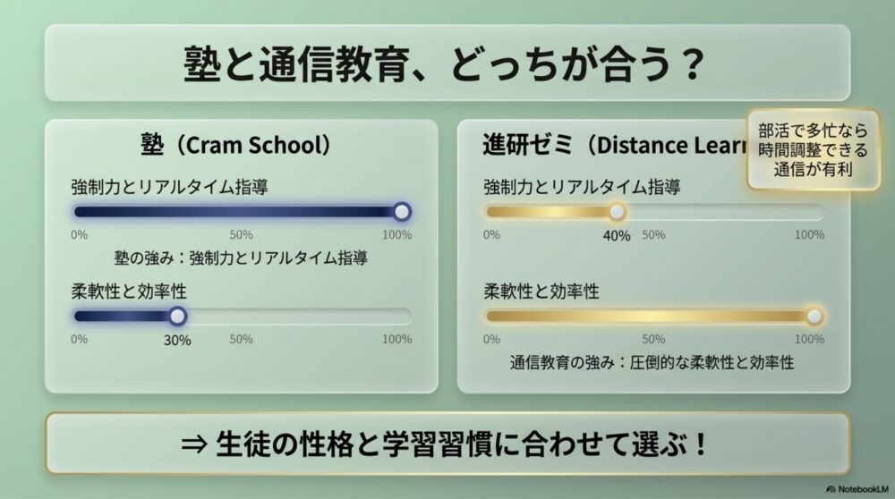 塾の教室と自宅学習を天秤にかけて比較する図解
