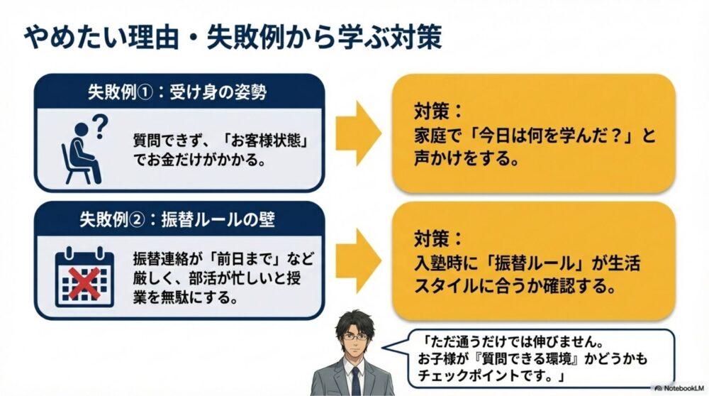 明光義塾での失敗例と対策をまとめたスライド。失敗例①「質問できずお客様状態になる」への対策として「家庭での声かけ」、失敗例②「厳しい振替ルール」への対策として「入塾時の確認」を推奨している。たく先生が「質問できる環境かもチェックポイント」とアドバイスしている。