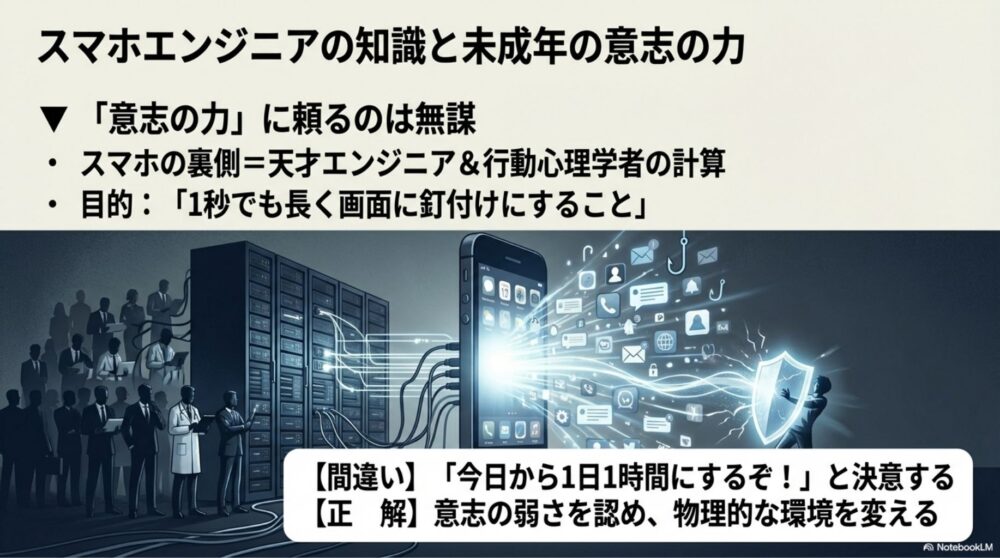 天才エンジニアが作ったスマホの誘惑に立ち向かう無謀さを表した図解