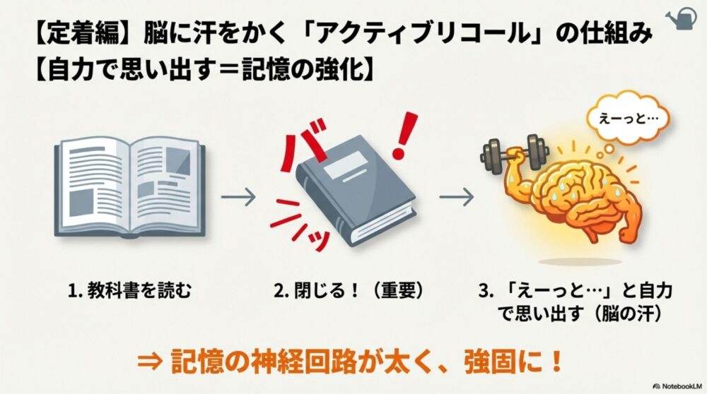教科書を開き、閉じてから内容を自力で思い出し、さらに答え合わせをする3ステップの図