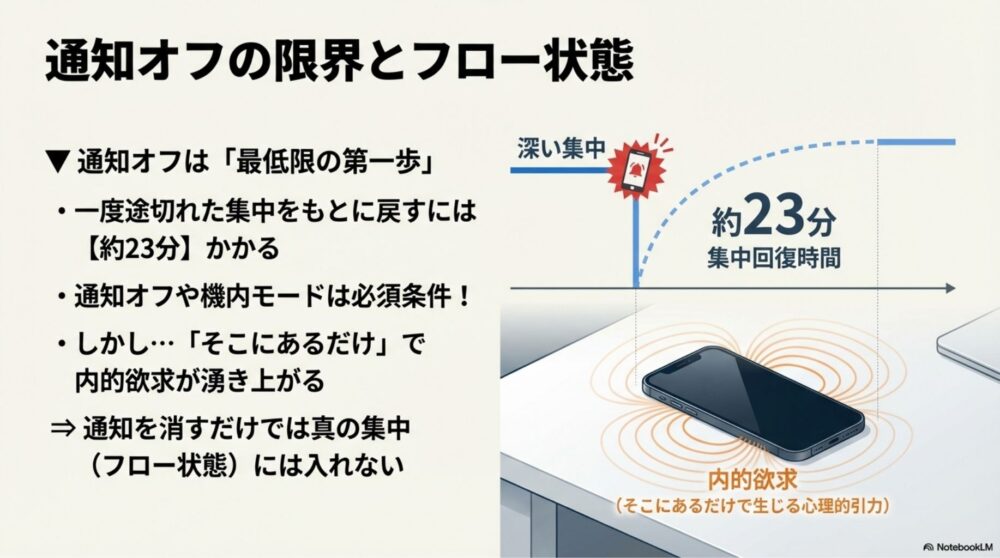 通知をオフにしてもスマホの存在だけで集中力が途切れる内的欲求を図解