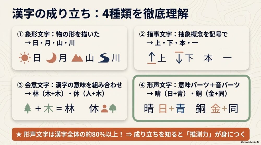 漢字4種(象形・指事・会意・形声)の成り立ちと例を示す図解スライド