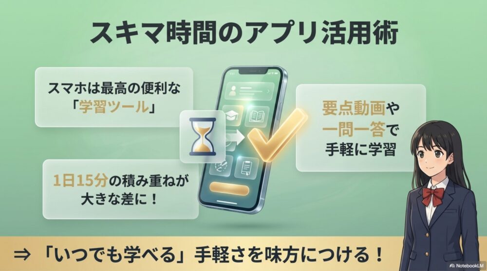 スマートフォン画面と時間の砂時計の図解