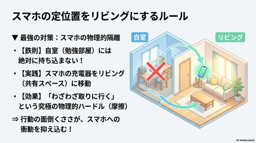 自室からスマホの充電器を撤去し、リビングを定位置にする図解
