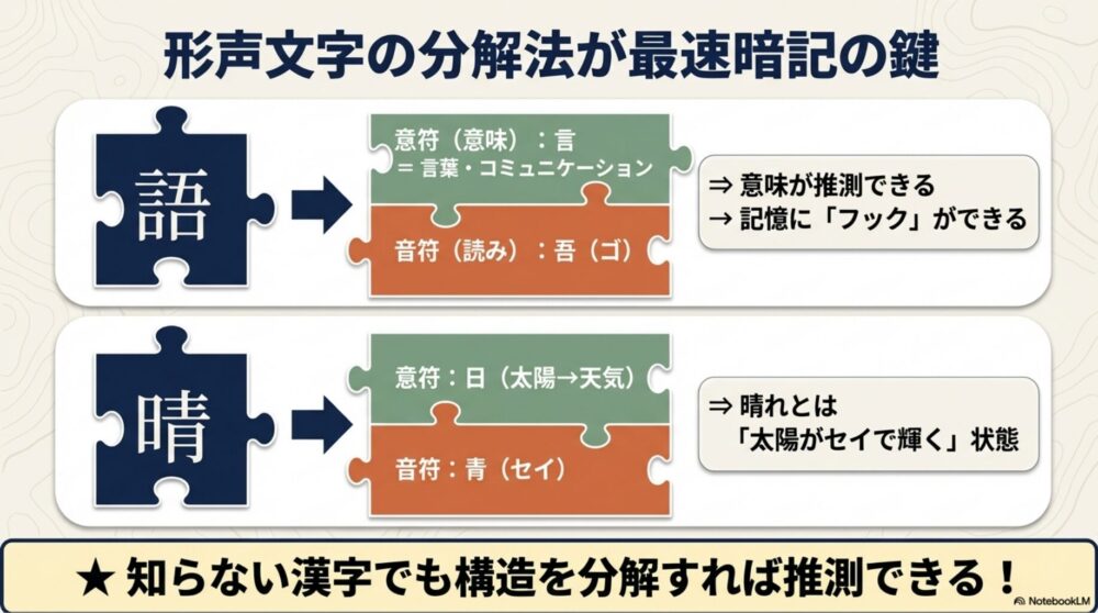 形声文字の意符と音符を分解して理解するプロセスを示す図解