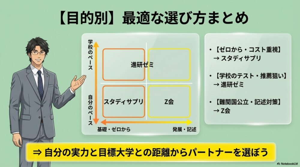  スタサプ・Z会・進研ゼミの3社の特徴を分かりやすく一覧表にしたマトリクス図解