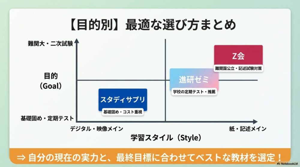 スタサプ・Z会・進研ゼミの3社の特徴・ターゲット層を分かりやすく一覧表にしたマトリクス図解