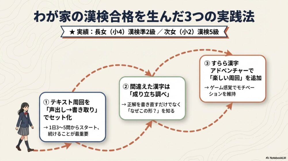 小4で漢検準2級・小2で漢検5級を達成したわが家の3ステップ学習法を示す図解