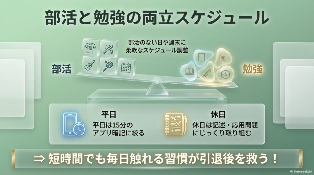 部活のアイテムと参考書を両立するバランスの図解