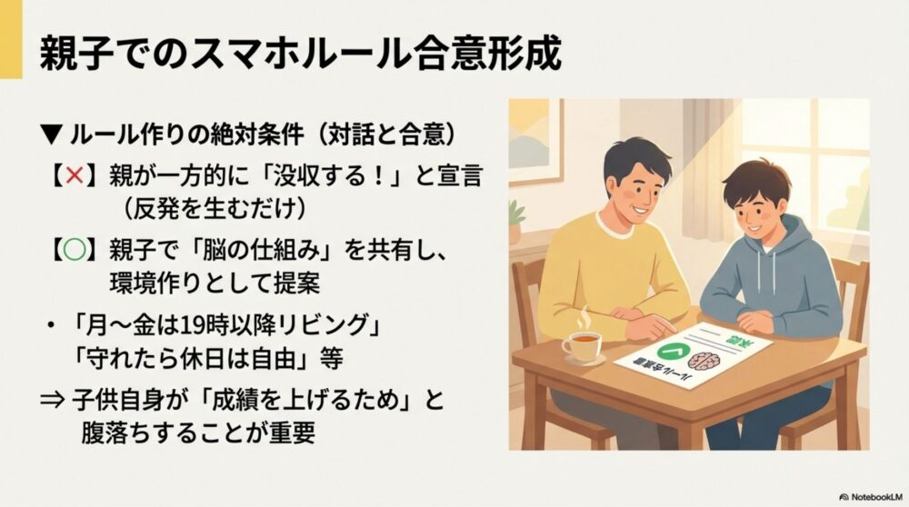 親が一方的に取り上げるのではなく、話し合ってルールを決める図解