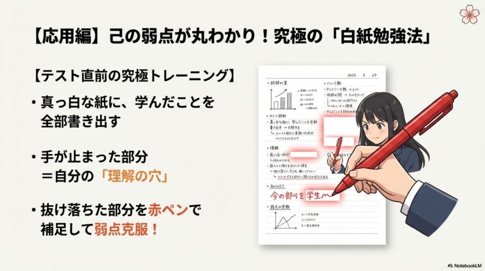 真っ白な紙に学んだ年号や図表を自力で書き出していく様子のイラスト