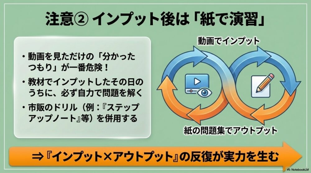 右向きの矢印で、「動画でインプット」から「紙の問題集でアウトプット」へと学習のサイクルが回っている図解