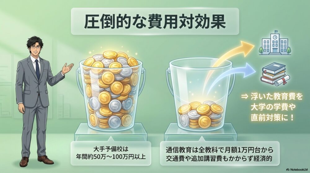 予備校と通信教育の費用グラフ、財布の図解