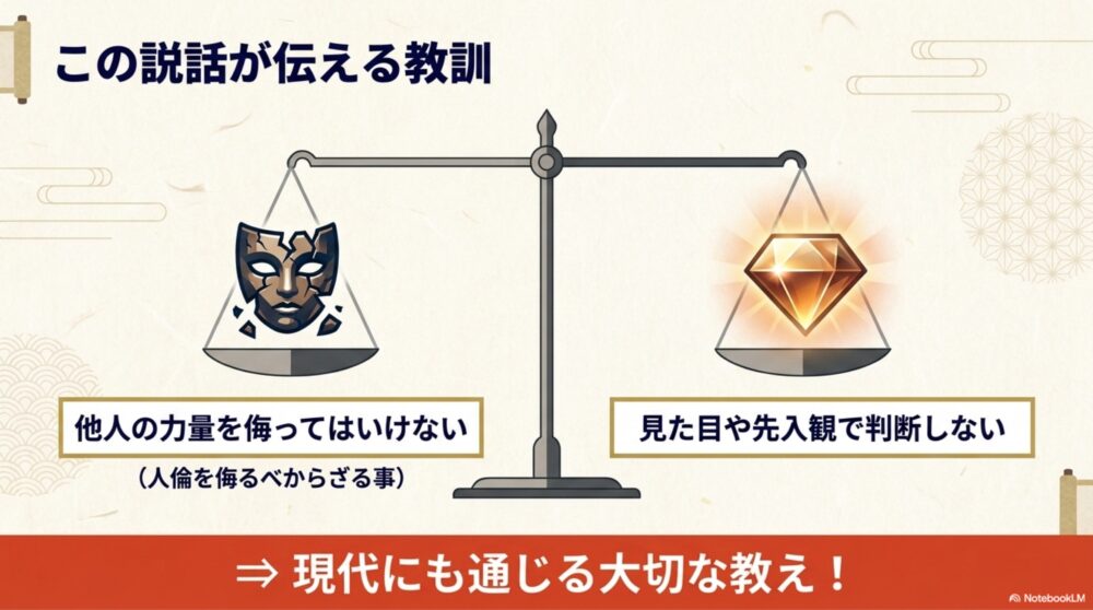 『十訓抄』「大江山」のエピソードから学ぶべき教訓である「人倫を侮るべからざる事」を図解した内容
