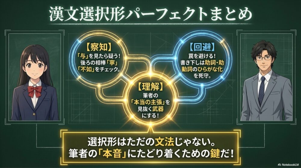漢文選択形のテスト対策として、解法のポイントと書き下し時の注意点を総まとめした図解スライド。