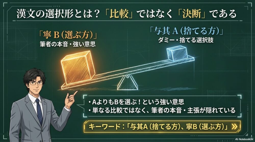 漢文の選択形における「与」の正しい読み方「よりは」と、書き下し文でひらがなにするルールを解説した図解スライド。