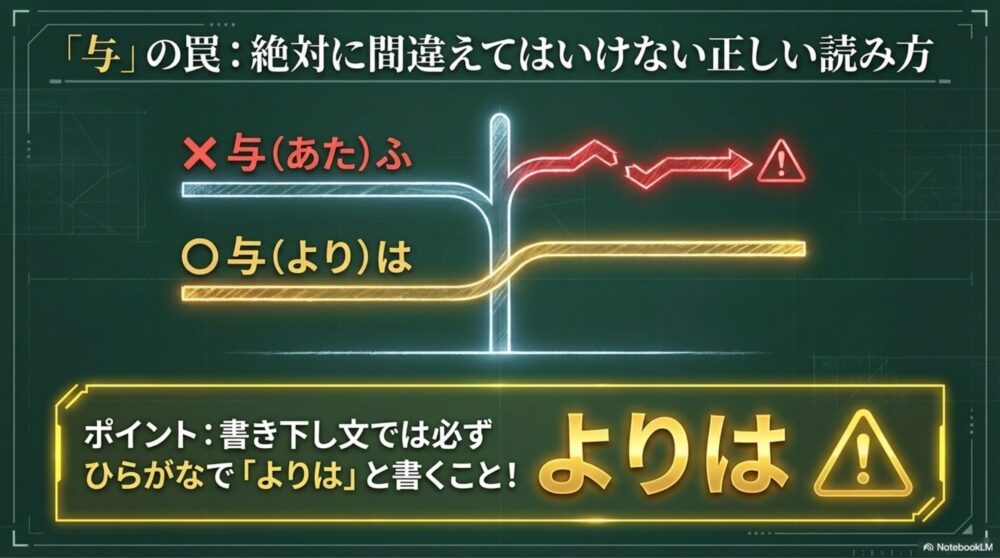 漢文の選択形における「与」の正しい読み方「よりは」と、書き下し文でひらがなにするルールを解説した図解スライド。