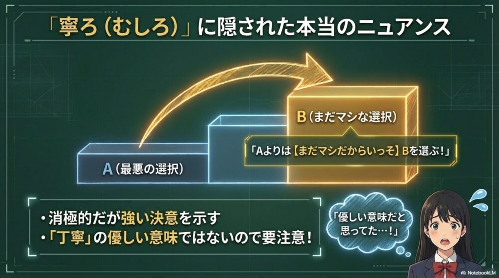 漢文の選択形で用いられる「寧ろ（むしろ）」に込められた「AよりはマシだからいっそBを選ぶ」という消極的かつ強い決意のニュアンスを解説した図解スライド。