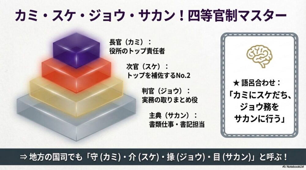 長官、次官、判官、主典の四階級とその読み方を当て字とともに示した図解
