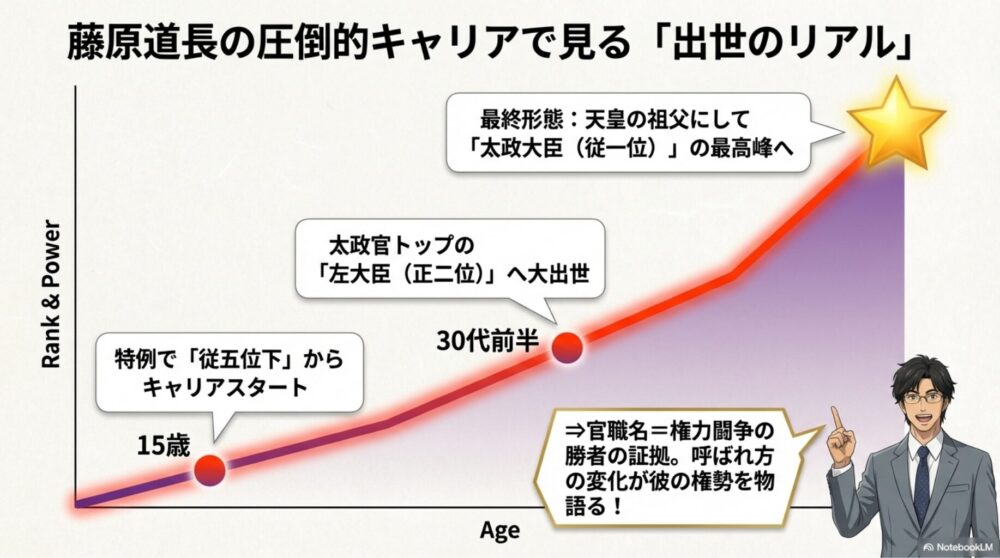 15歳の従五位下スタートから、太政大臣の従一位まで駆け上がる道長の出世グラフ
