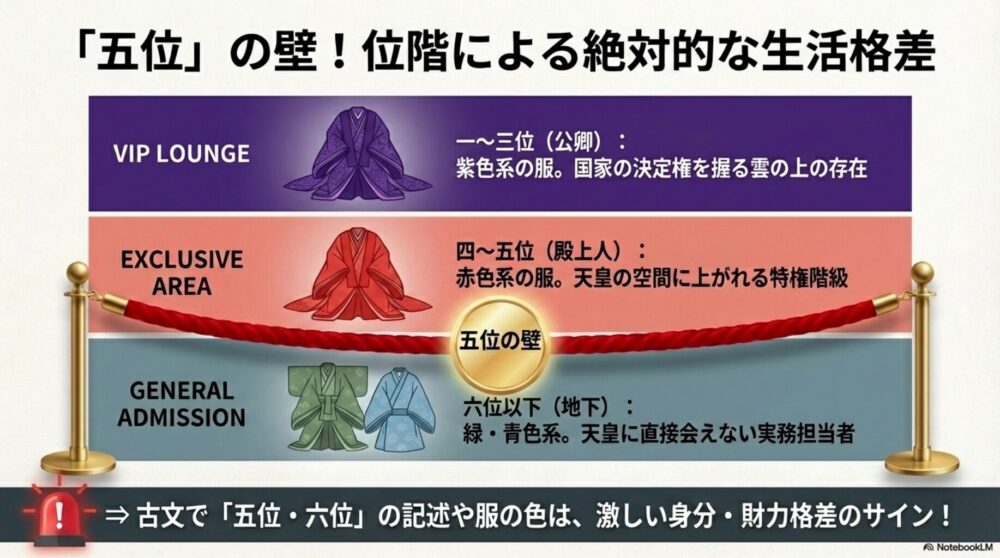 一位から三位の公卿、四位から五位の殿上人、六位以下の地下を服の色とともに分けた階層図
