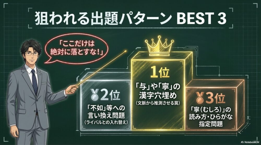 漢文の選択形に関して定期テストや入試で頻出する、空欄補充や言い換えなどの出題パターン3選をまとめた図解スライド。
