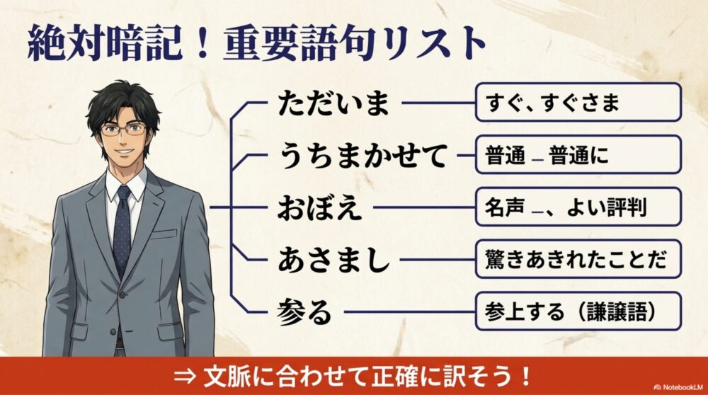 定期テストによく出る「おぼえ」「あさまし」などの重要古語の意味をまとめたリスト

