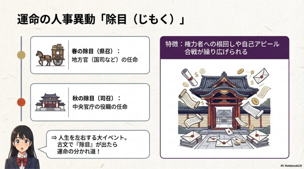 人事異動の発表に一喜一憂し、賄賂や手紙を送る貴族の様子を描いた図解
