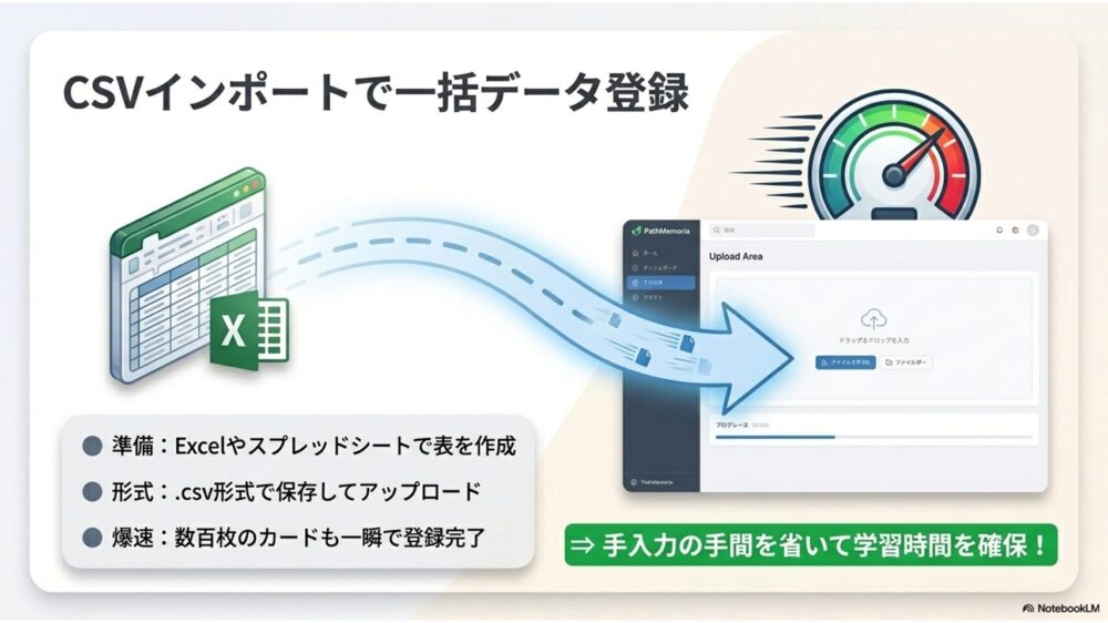PCのExcel画面からアプリのアップロード領域へファイルをドラッグ&ドロップしている様子を示す図解