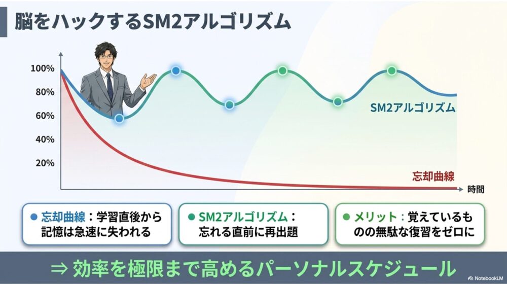 エビングハウスの忘却曲線のグラフと、適切なタイミングでの復習により記憶が維持される様子を示す図解