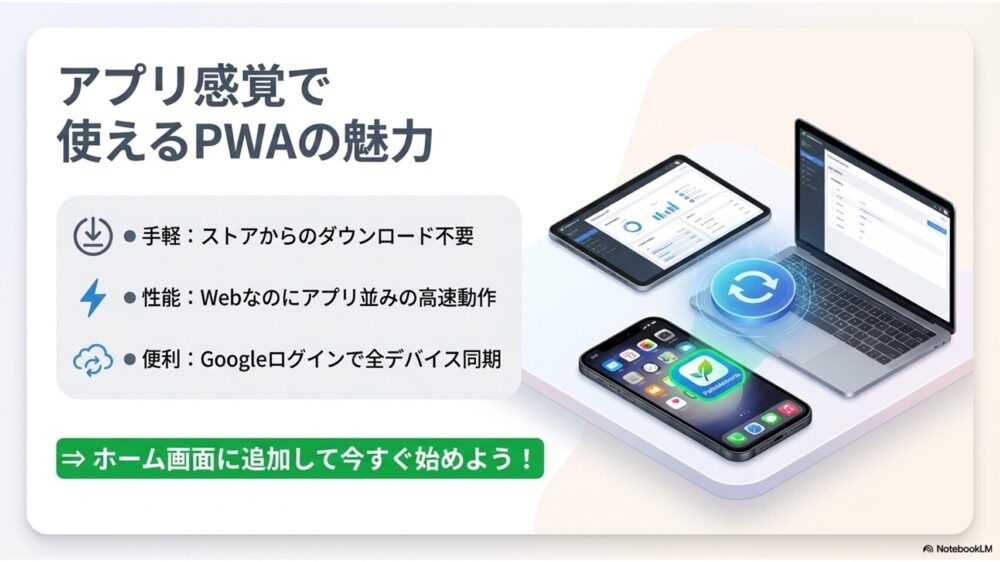 スマートフォンのホーム画面にPathMemoriaのアイコンが配置され、ワンタップで起動する様子を示す図解