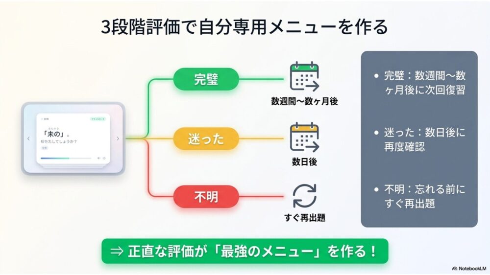 「完璧」「迷った」「不明」の3つのボタンが表示された学習画面と、それによって出題間隔が変わるイメージ図解