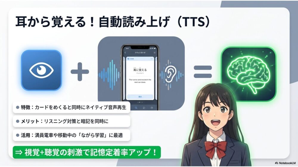 スマートフォンから音波が出ており、ユーザーが耳で英単語などの音声を聞きながら学習している様子を示す図解
