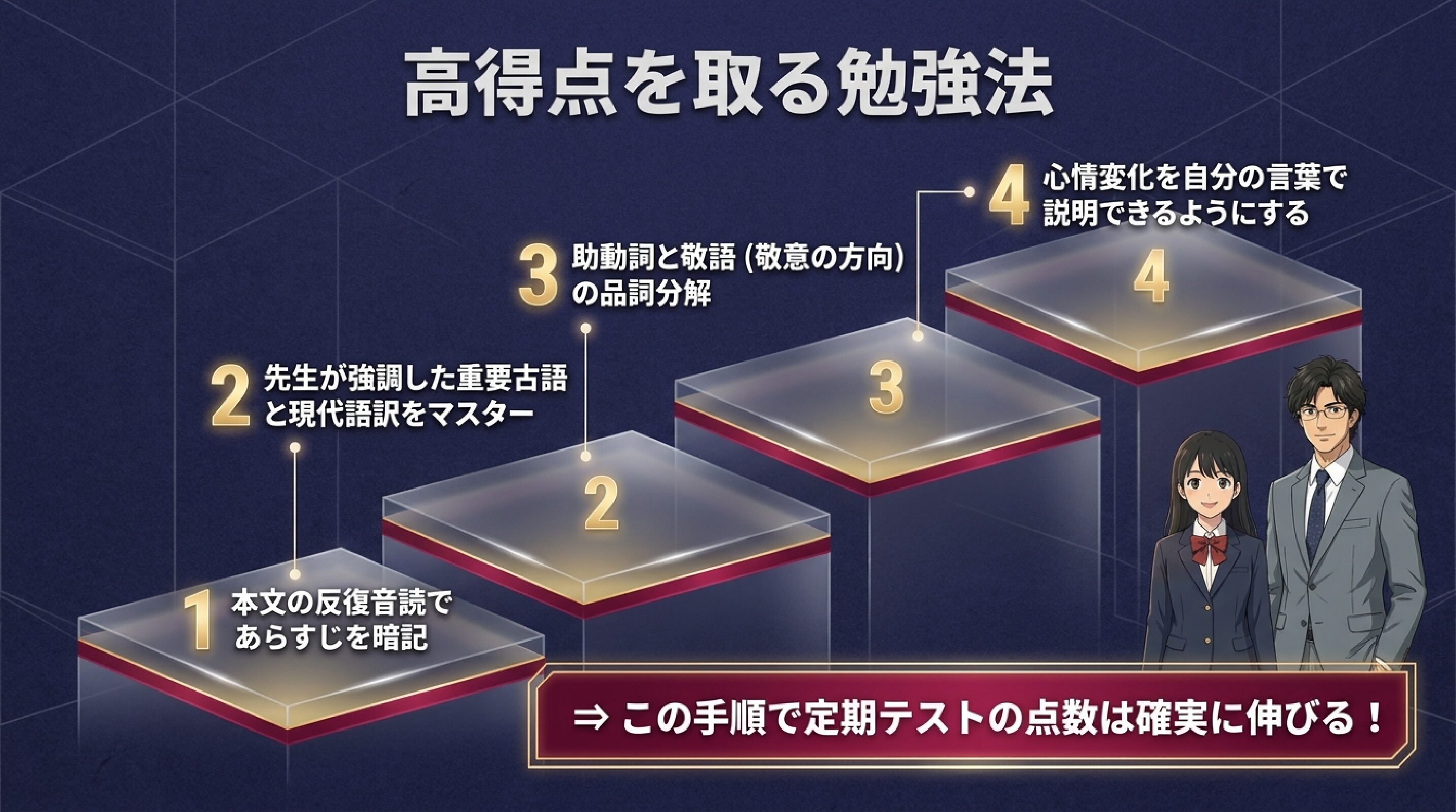 音読から現代語訳、品詞分解、心情説明へと進む古文学習の４つのステップの解説