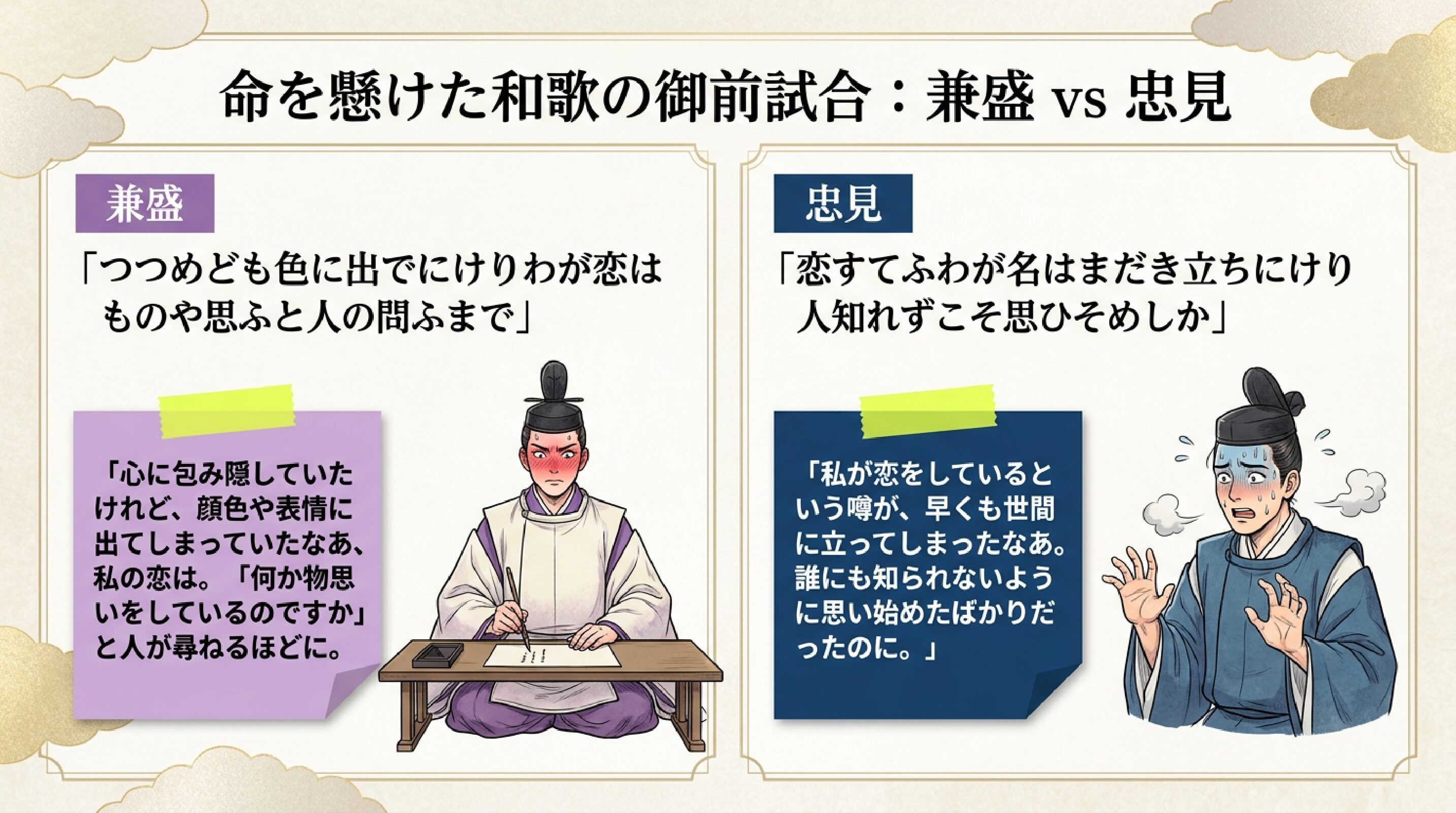 二つの和歌が対比されるデザイン、恋の噂に焦る表情と、恋心を隠しきれない表情の対比。