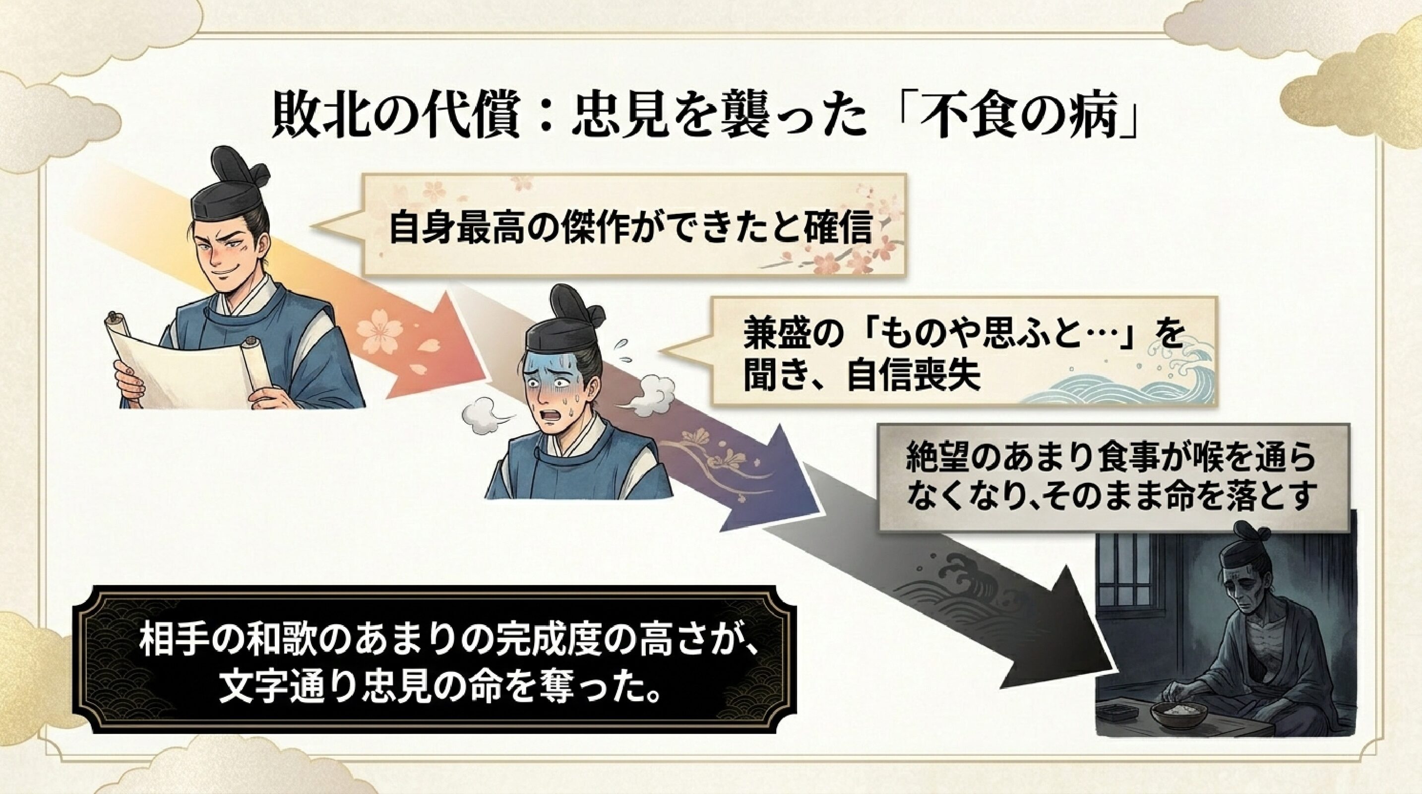 自信満々だった表情が、相手の歌を聞いてショックを受け、暗く落ち込んでいく様子の変化。