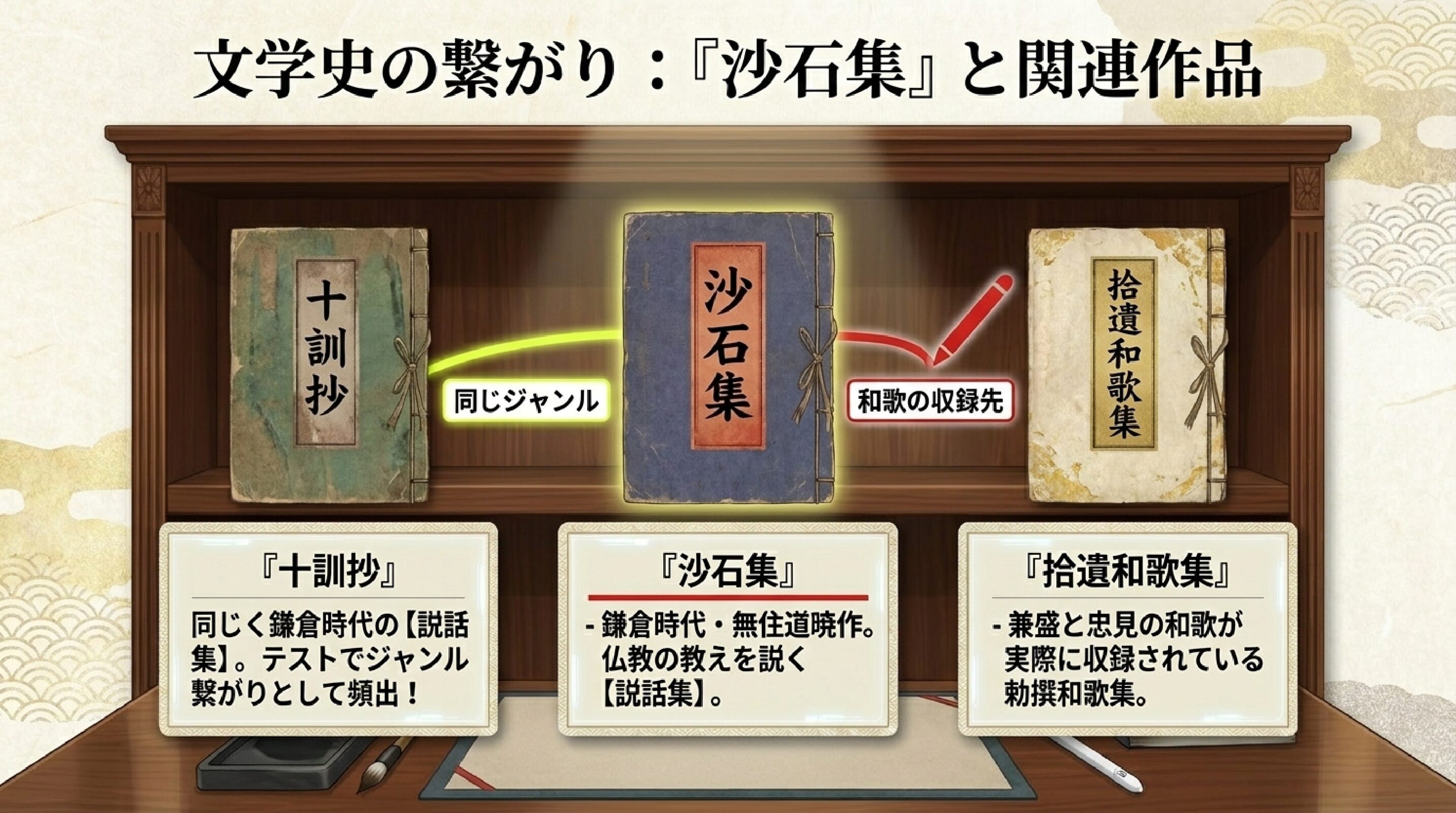 本の表紙が並ぶイラストで、文学史の繋がりを表現。