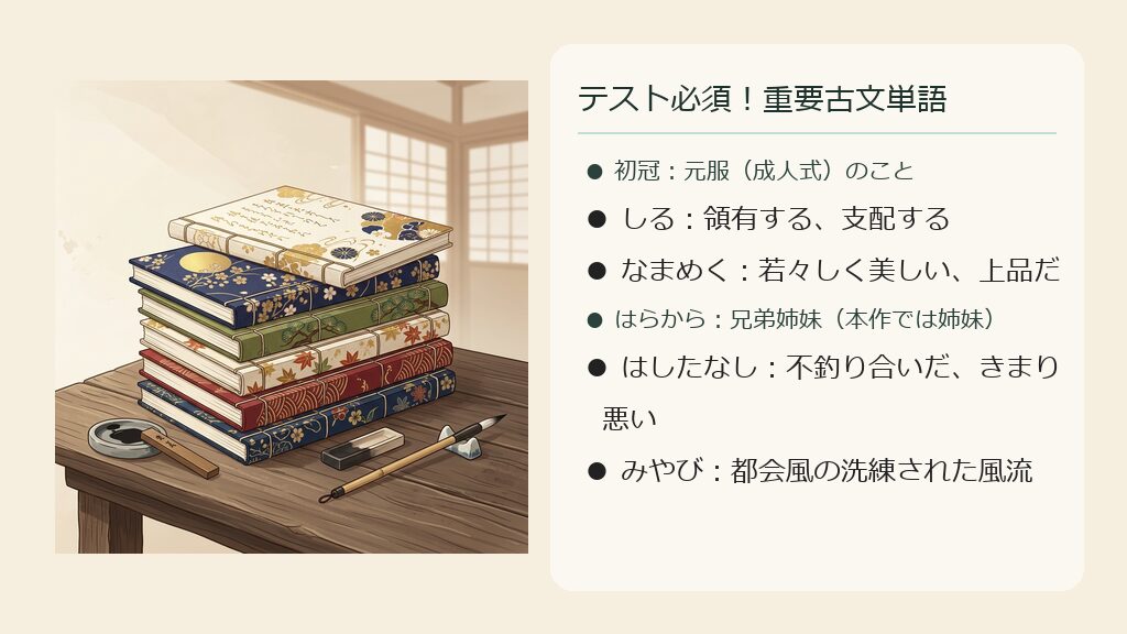 整然と並べられた古典の和本やチェックリストをモチーフにした、古文単語学習をイメージさせるクリーンなイラスト。