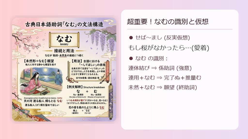 「なむ」の文法的な識別ルール(接続する活用形との関係)を視覚化したインフォグラフィック。