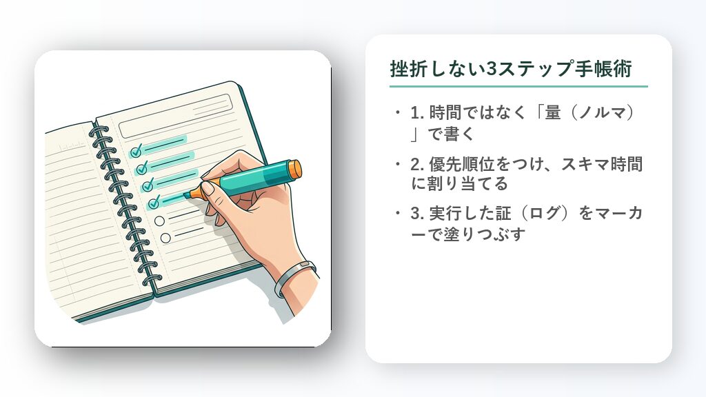 手帳のチェックリストのタスクを色ペンで消し、実行した時間帯をマーカーできれいに塗りつぶしている手のイラスト。