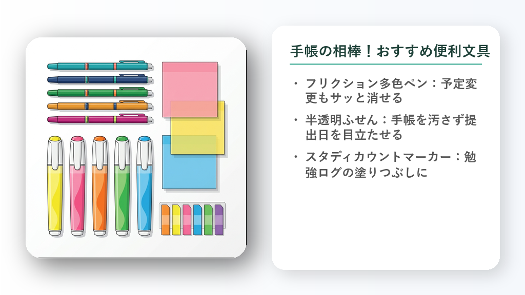 手帳に使える消せる多色ペン、マーカー、半透明の付箋紙などが整然と並んでいるイラスト。