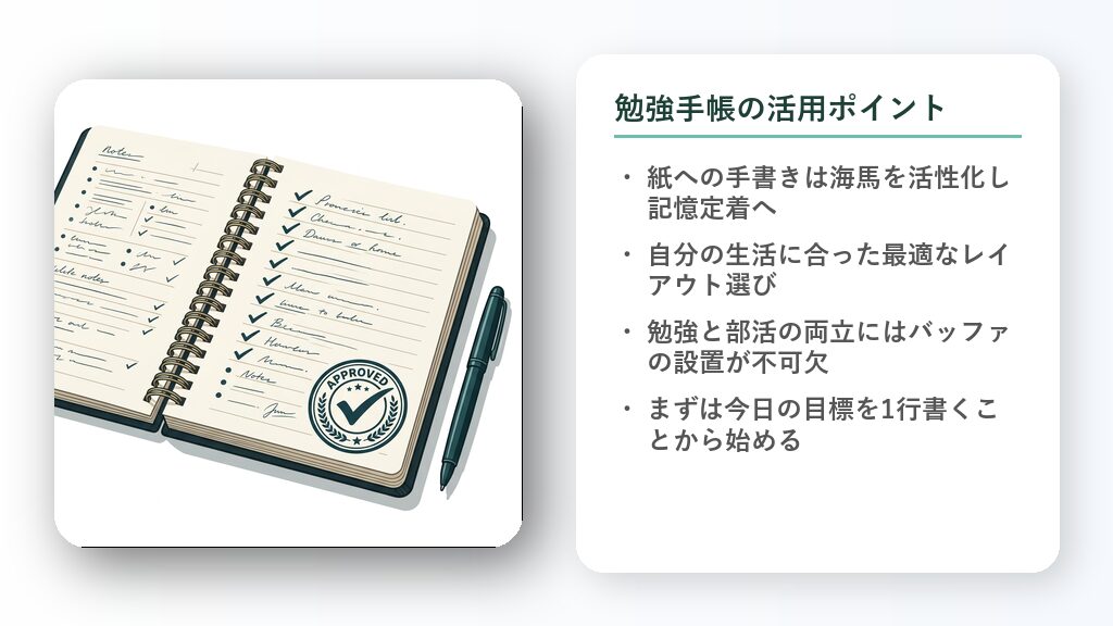 学習がすべて完了したチェックリストが描かれた手帳の隣で、笑顔でガッツポーズをするみちかとたく先生のイラスト。
