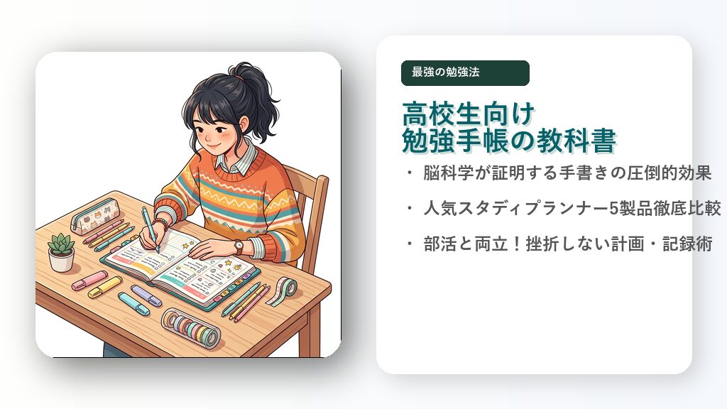 机の上でおすすめの勉強手帳を広げ、笑顔で学習計画を立てる女子生徒みちかと、優しくサポートする教師のたく先生のイラスト。