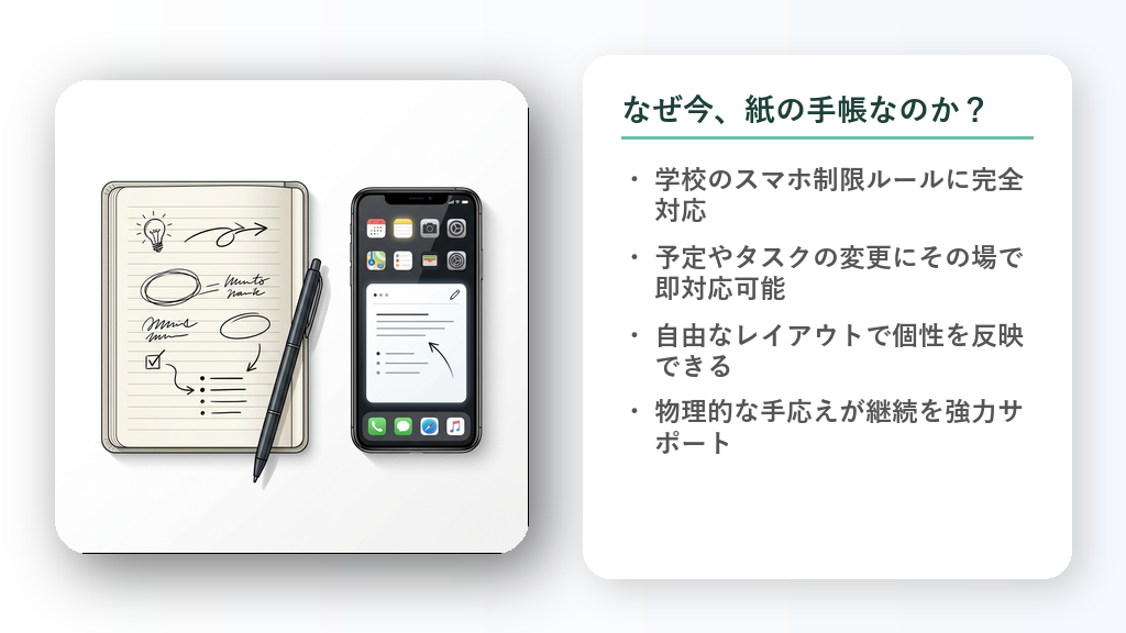 スマホと紙の手帳が並んでおり、手帳には鉛筆でチェックマークや矢印が自由に書き込まれている対比イラスト。