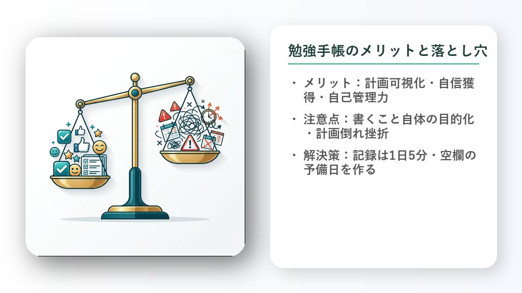 天秤ばかりがあり、計画完了のチェックマークが描かれた軽いお皿と、注意を促す赤いマークのお皿がバランスをとっているイラスト。